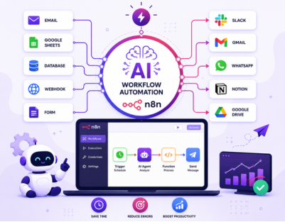 AI workflow automation with n8n for connecting apps and automating business processes
